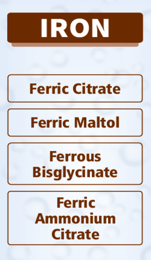 Liposomal Iron, Ferrous Bisglycinate, Ferric Citrate, Iron Polymaltose, Sucroferric Oxyhydroxide, Iron Isomaltoside, Ferric Derisomaltose,Ferric Pyrophosphate, Ferric Carboxymaltose,Ferric Ammonium Citrate,Ferrous Ascorbate,Ferric Maltol.