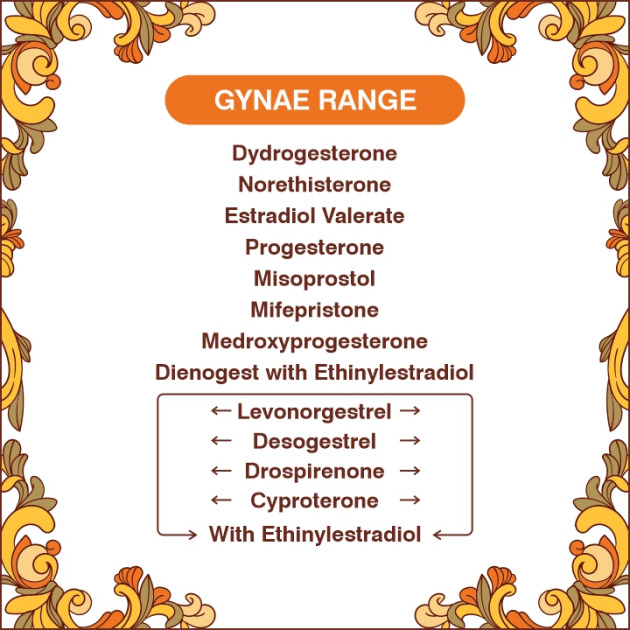 Hormone-Levonorgestrel with Ethinylestradiol,Levonorgestrel 1.5,Dydrogesterone 10 mg tablet,Estradiol valerate1 mg/2 mg tablet,Desogestrel with EE,Drospirenone with EE,Progesterone tablet,Cyproterone with EE,Norethisterone,Mifeprisatone & Misoprostol