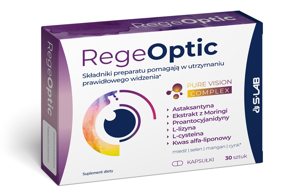 Regeoptic - innovative combination of astaxanthin, Moringa leaf extract, grape seed extract, alpha-lipoic acid, L-lysine, L-cysteine