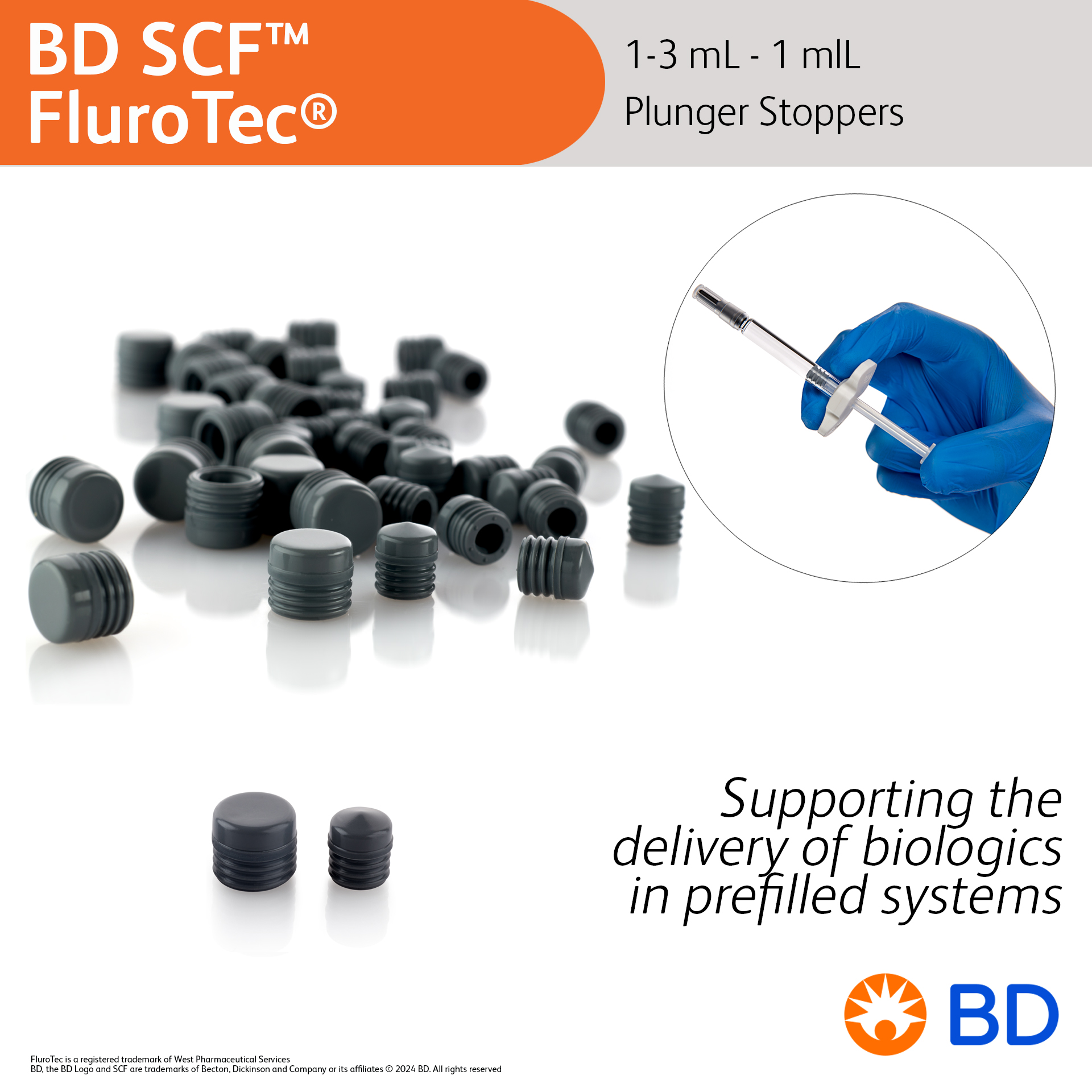 BD SCF™ FluroTec® 1 mlL & 1 - 3 mL Plunger Stoppers