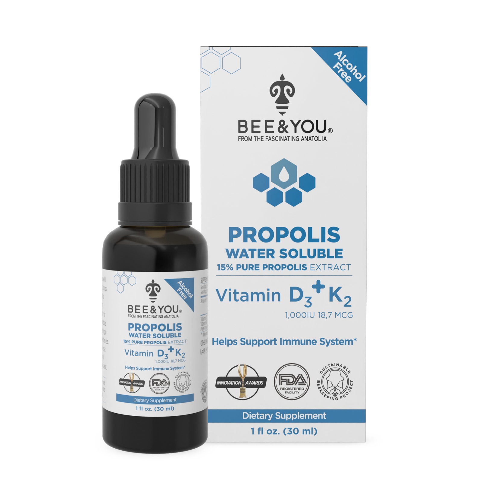 •	BEE&YOU Propolis Water Soluble Extract with Vitamin D3+K2