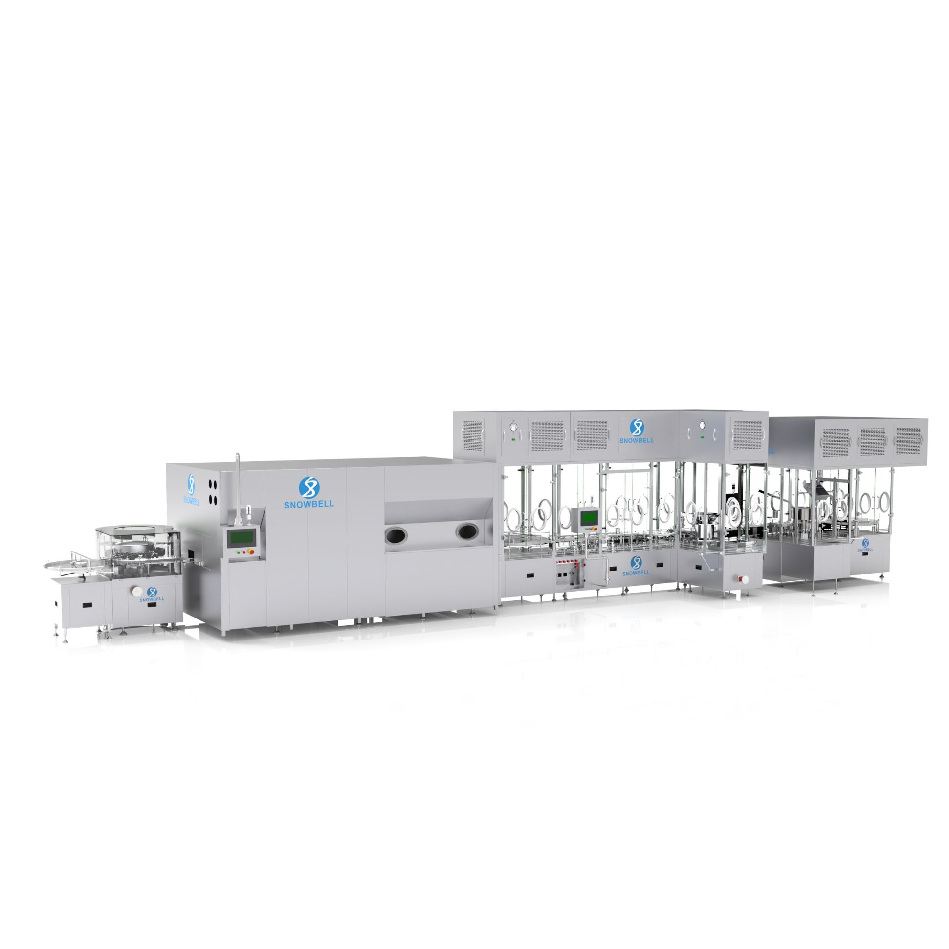 Vial Powder Filling Line integrated with Washing Machine, Sterilisation and Depyrogenation Tunnel and Cap sealing machine