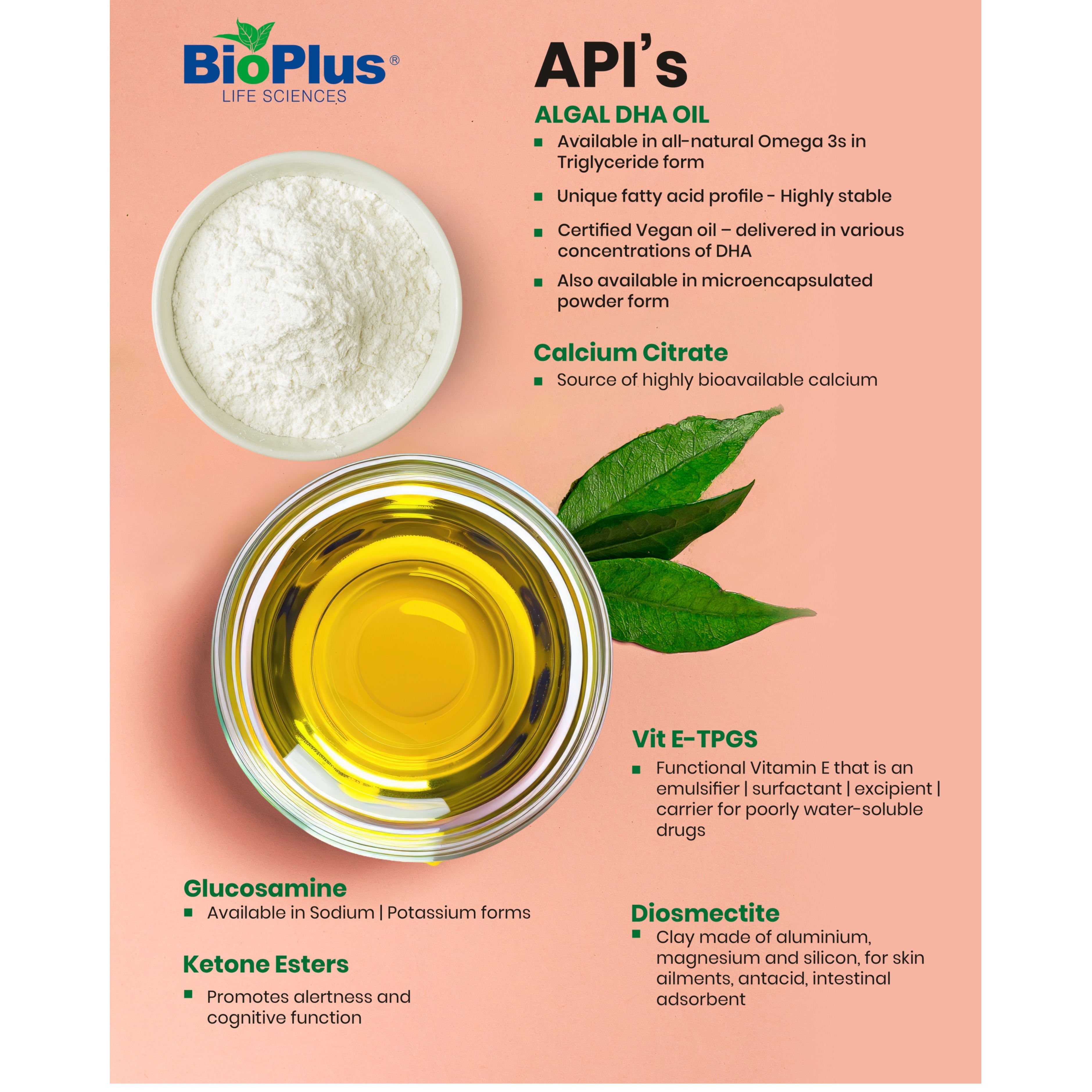 API's -- Algal DHA, Calcium Citrate, Glucosamine, Vit E-TPGS & more