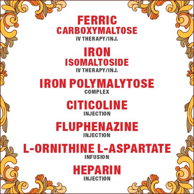 Ferric Carboxymaltose Inj/IV, Iron Isomaltoside inj/ IV, Heparin, Citicoline, Fluphenazine, Haloperidol, Levetiracetam, Iron Polymaltose Inj,L-Ornithine L-Aspartate Injections