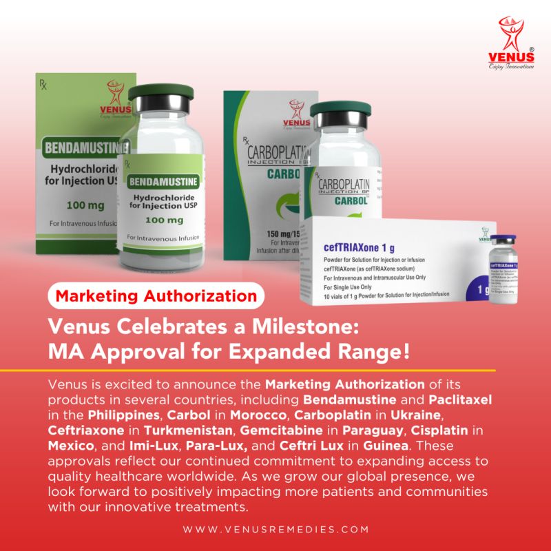 Venus is proud to announce the Marketing Authorization of its products across multiple countries, marking another milestone in our global journey. In the Philippines, Bendamustine and Paclitaxel have been approved.