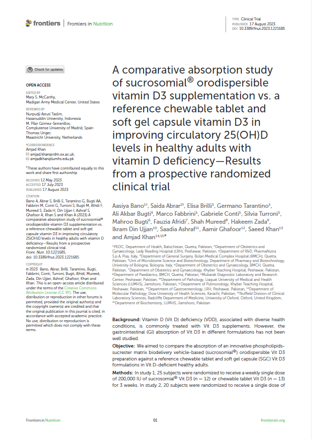 A comparative absorption study of sucrosomial® orodispersible vitamin D3 supplementation vs. a reference chewable tablet and soft gel capsule vitamin D3 in improving circulatory 25(OH)D levels in healthy adults with vitamin D deficiency