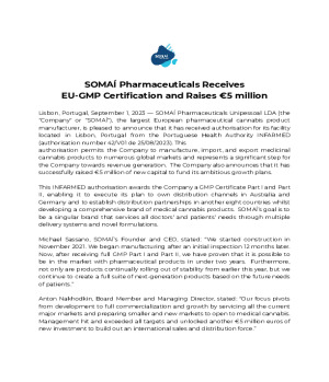 SOMAÍ Pharmaceuticals Receives EU-GMP Certification and Raises €5 million