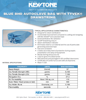 Blue BHD Autoclave Bag with Tyvek Drawstring Closure